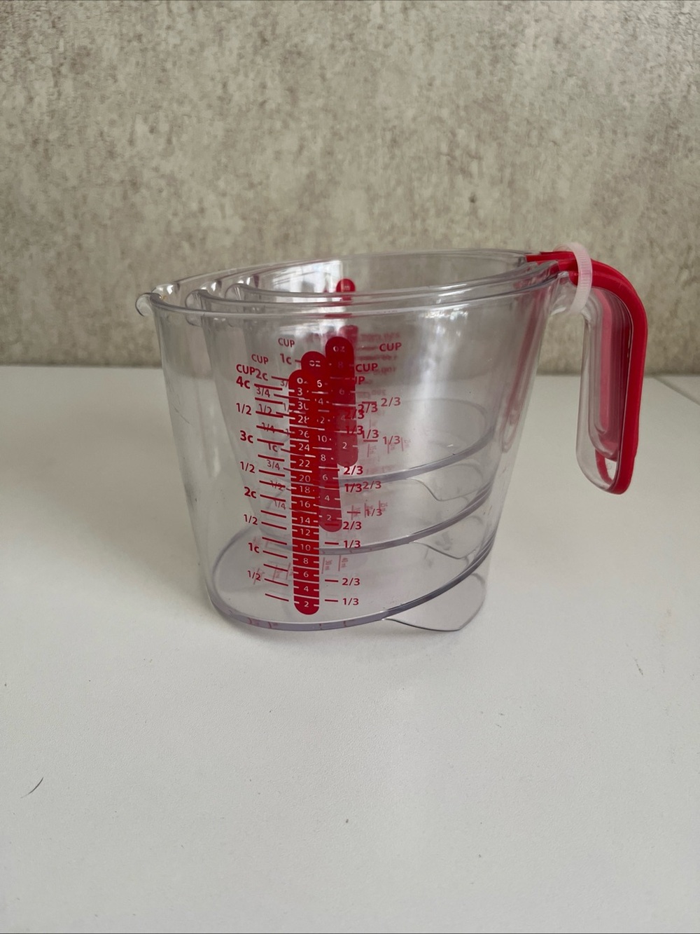 Progressive Stackable Nesting Liquid Measuring Cups Red Writing Set of 3 New